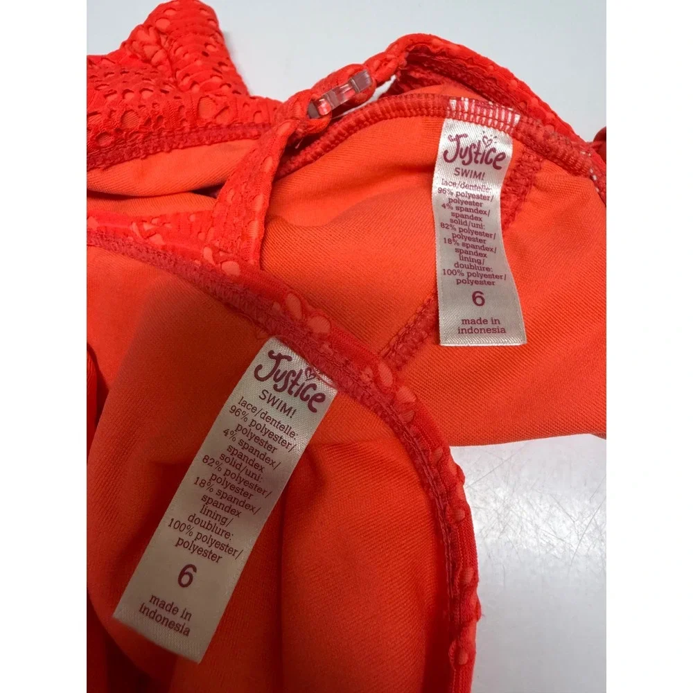 Justice Girl Neon Orange Eyelet Lace Tankini Swimsuit Set Sequin Floral Halter 6
